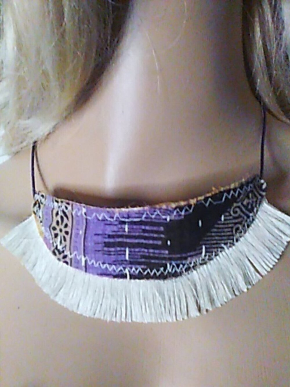 Kantha Necklace Fringe Purple Black Light Purple Cord Handmade Boho New KN5.